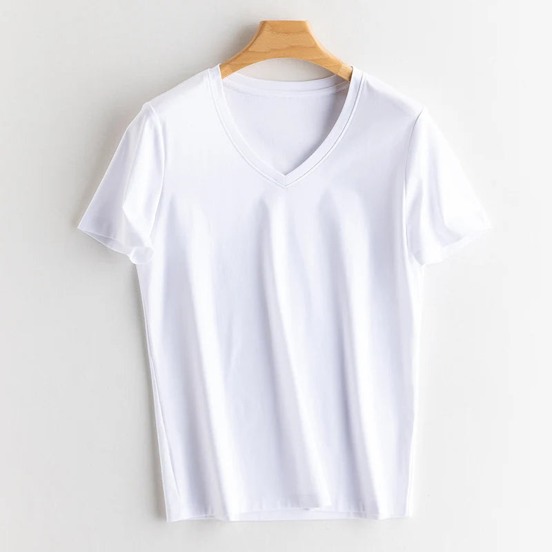 Eesswel Summer Casual Tee Shirts For Women 6% Silk 65% Cotton Women's T-shirt Basic Tees Tops Short Sleeve Solid Woman T shirt