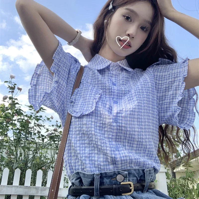 Fanan Korean Ruffles Short Sleeve Plaid Shirt Women Preppy Sweet Turn Down Collar Blouse Woman Summer Pocket Button Up Shirts