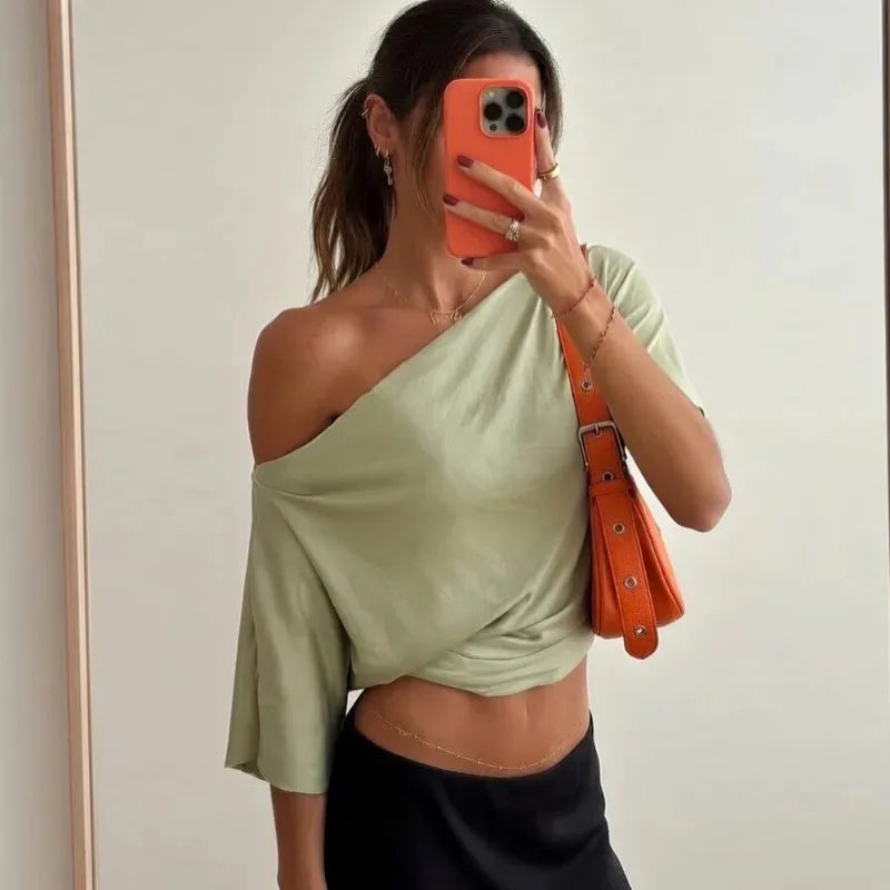 Talenza Summer One Shoulder Tops Fashion Slim Shrink Short Slee...