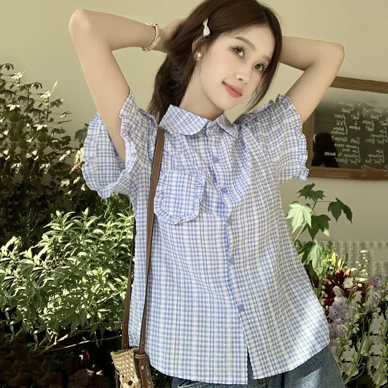 Fanan Korean Ruffles Short Sleeve Plaid Shirt Women Preppy Sweet Turn Down Collar Blouse Woman Summer Pocket Button Up Shirts