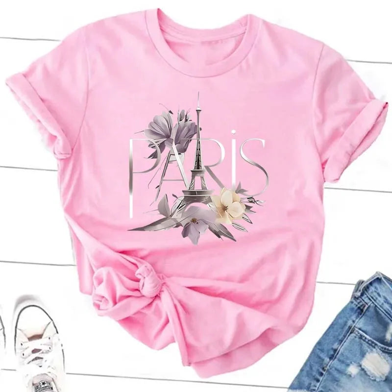 Women's Paris Print Round Neck T-Shirt Casual Top for Spring and Summer Fashion Women T Shirts Tops Tees
