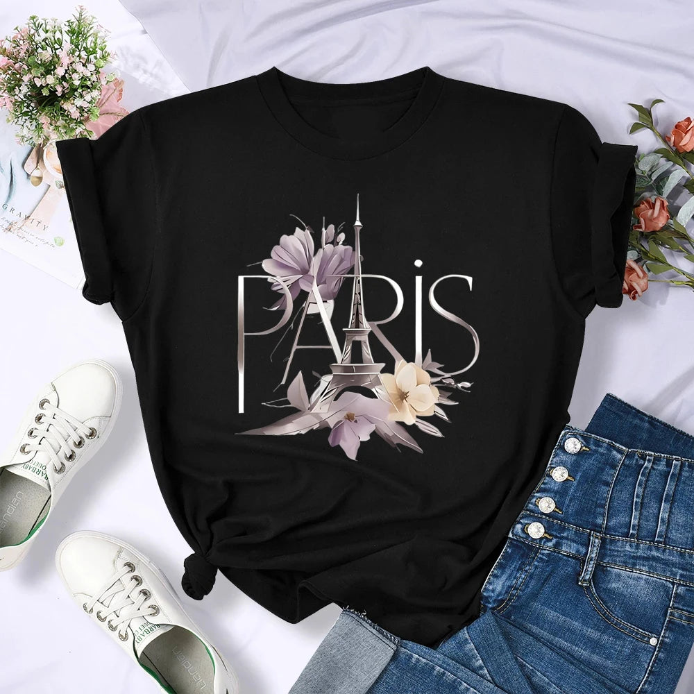 Women's Paris Print Round Neck T-Shirt Casual Top for Spring and Summer Fashion Women T Shirts Tops Tees