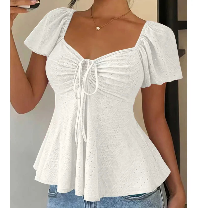 Women Y2k Summer Tops V-Neck Drawstring Sexy Lace Up Short Slee...